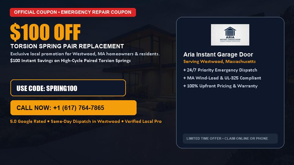 Aria Instant Garage Door $100 OFF Dual Torsion Spring Replacement in Westwood, MA